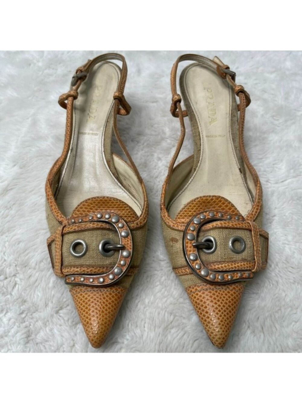 Vintage Prada Slingback Mules Size 36 Orange Snakeskin Leather Buckle Kitten Hee